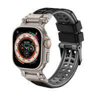 Bracelet silicone noir perforé pour Apple Watch avec fermeture ardillon robuste, style sport.