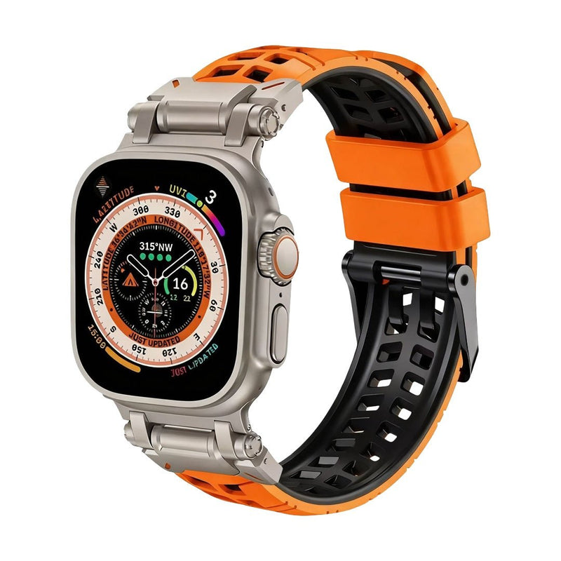 Bracelet silicone orange et noir perforé, fermeture ardillon solide, design sportif pour Apple Watch.
