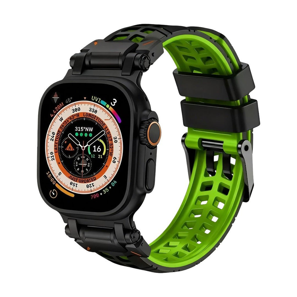 Bracelet pour Apple Watch en silicone noir avec intérieur vert perforé, fermeture ardillon noire robuste.