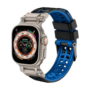 Bracelet silicone bleu perforé avec doublure noire, fermeture ardillon solide pour Apple Watch.