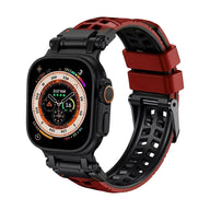 Bracelet silicone bordeaux perforé pour Apple Watch avec fermeture à ardillon noire robuste.