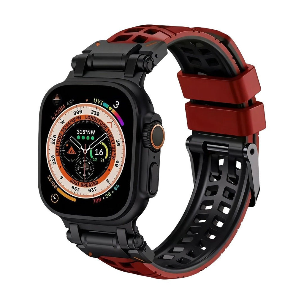 Bracelet silicone bordeaux perforé pour Apple Watch avec fermeture à ardillon noire robuste.