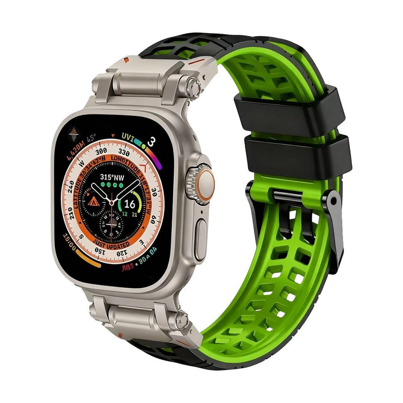 Bracelet silicone vert perforé avec intérieur noir pour Apple Watch, fermeture ardillon noire robuste.