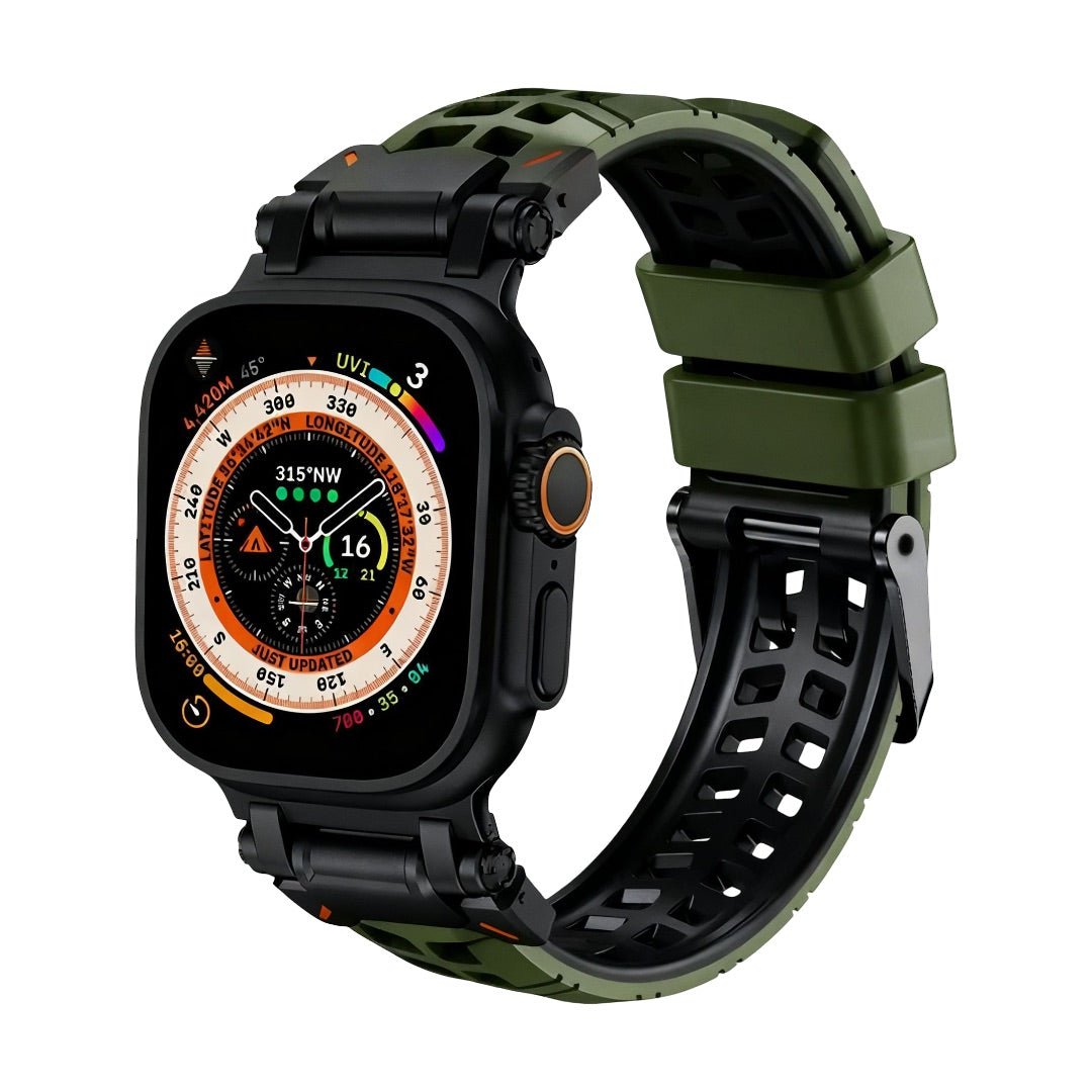 Bracelet silicone vert kaki perforé avec fermoir ardillon noir pour Apple Watch, style sportif.