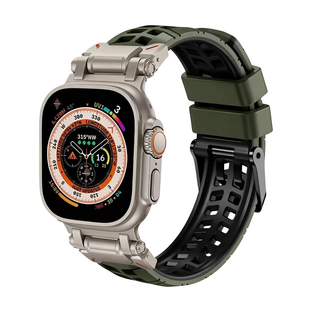 Bracelet Apple Watch silicone vert perforé avec boucle ardillon noire, design sport robuste.
