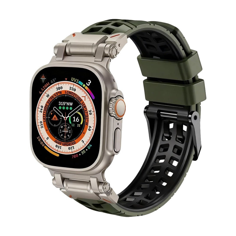 Bracelet Apple Watch silicone vert perforé avec boucle ardillon noire, design sport robuste.