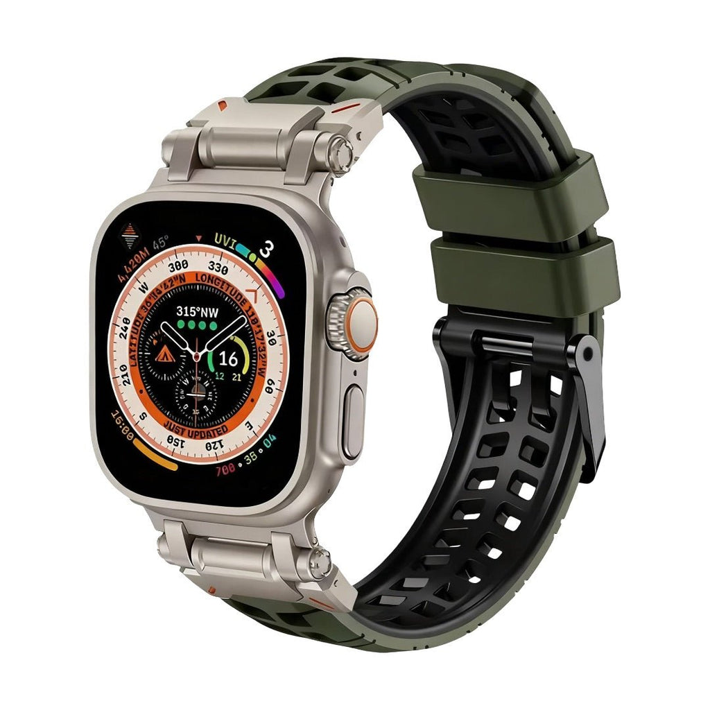 Bracelet Apple Watch silicone vert perforé avec boucle ardillon noire, design sport robuste.