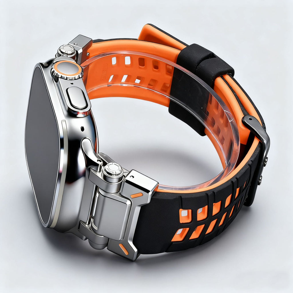 Bracelet Apple Watch en silicone noir et orange avec perforations rectangulaires, fermeture ardillon métallique robuste.