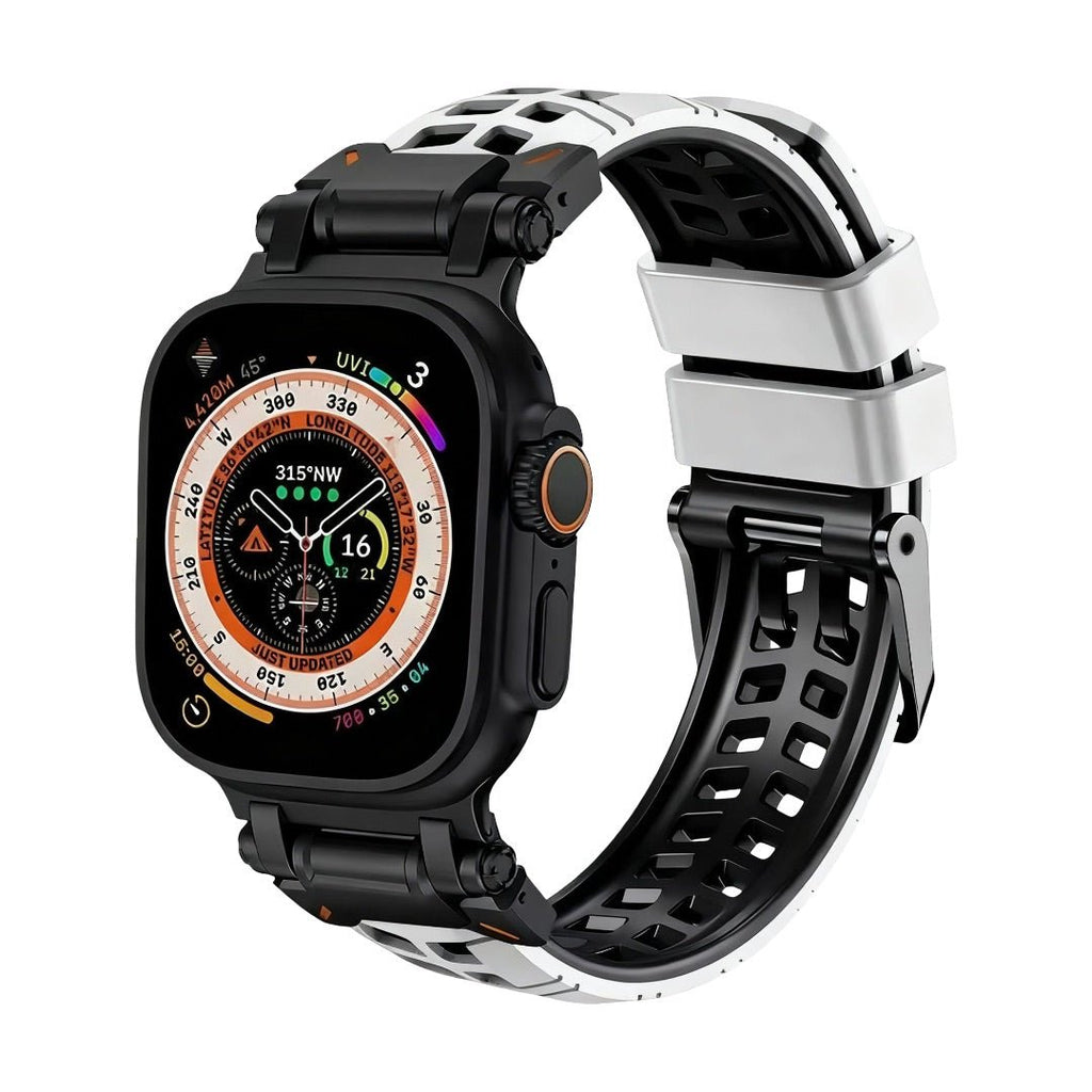 Bracelet silicone noir et blanc perforé pour Apple Watch, fermeture ardillon noire, design sport robuste.