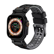 Bracelet silicone noir perforé pour Apple Watch, fermeture ardillon solide, design sportif aéré.