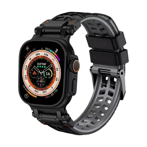 Bracelet silicone noir perforé pour Apple Watch, fermeture ardillon solide, design sportif aéré.