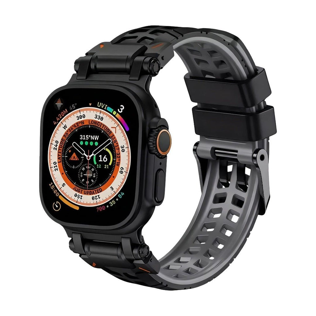 Bracelet silicone noir perforé pour Apple Watch, fermeture ardillon solide, design sportif aéré.