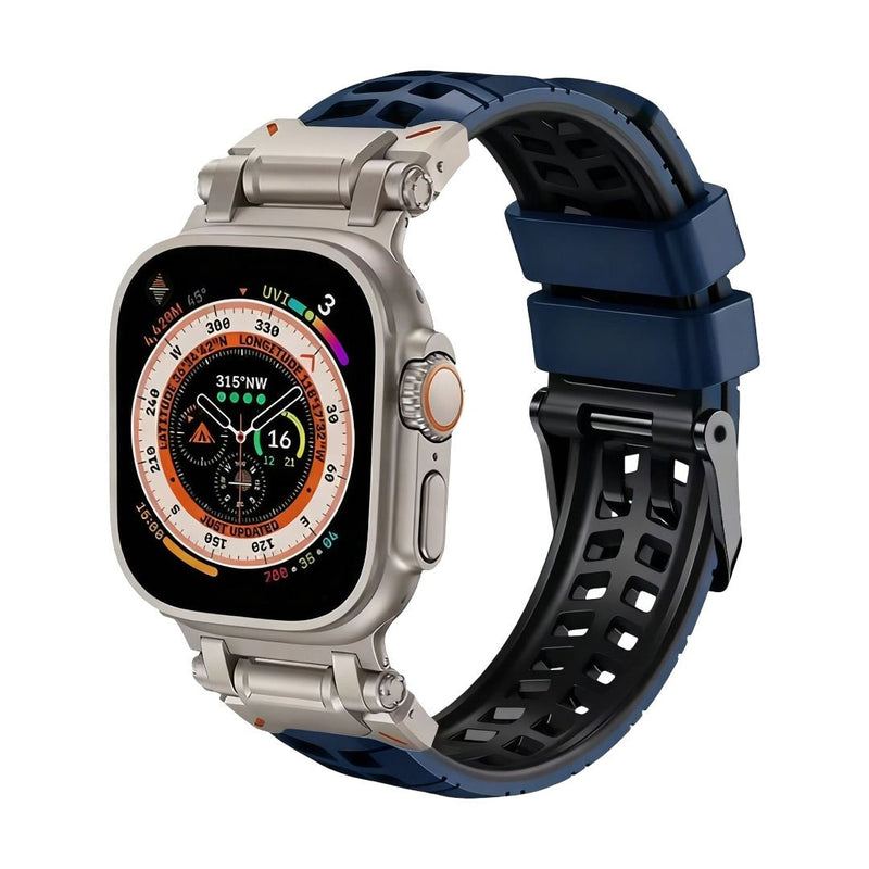 Bracelet silicone bleu perforé sport avec fermeture ardillon noire, compatible Apple Watch.