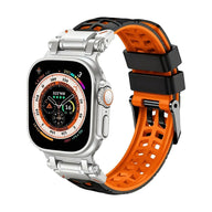 Bracelet silicone perforé orange et noir pour Apple Watch avec fermeture ardillon métallique solide.