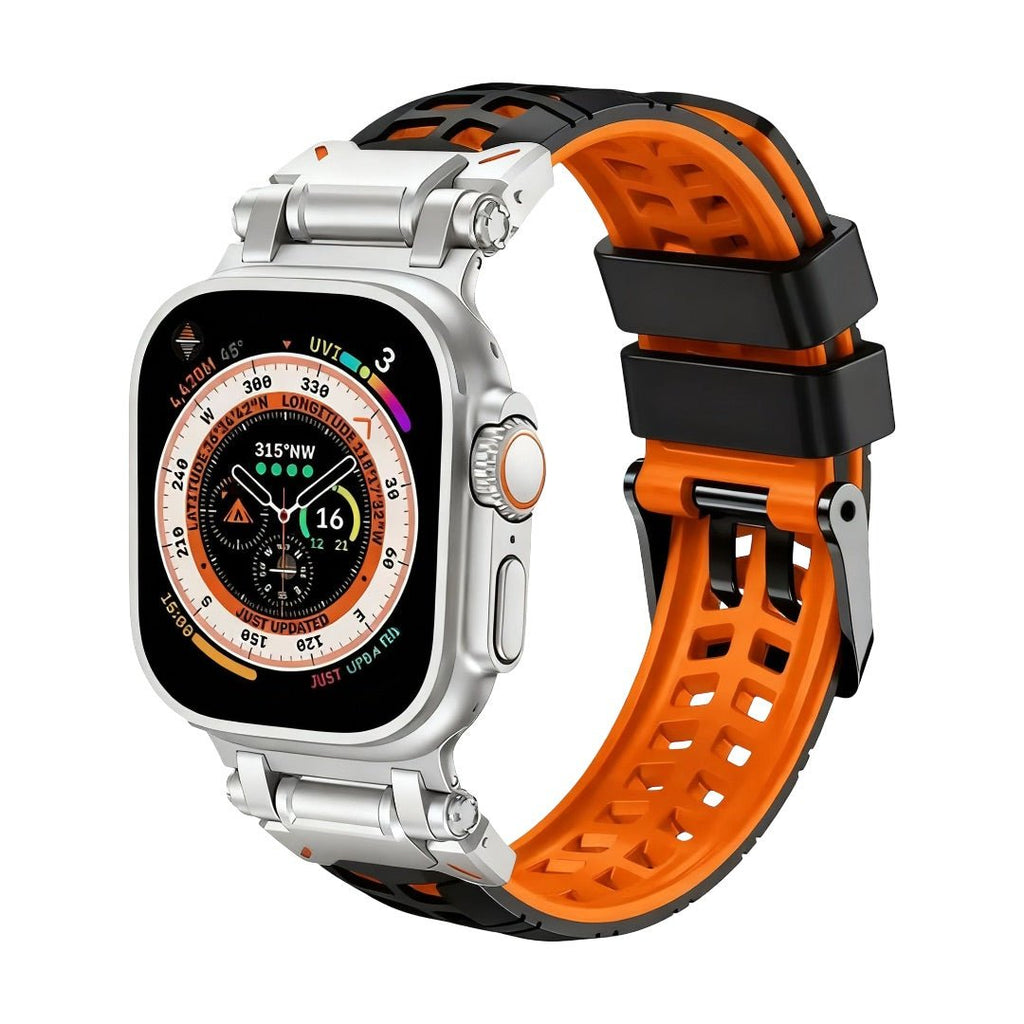 Bracelet silicone perforé orange et noir pour Apple Watch avec fermeture ardillon métallique solide.