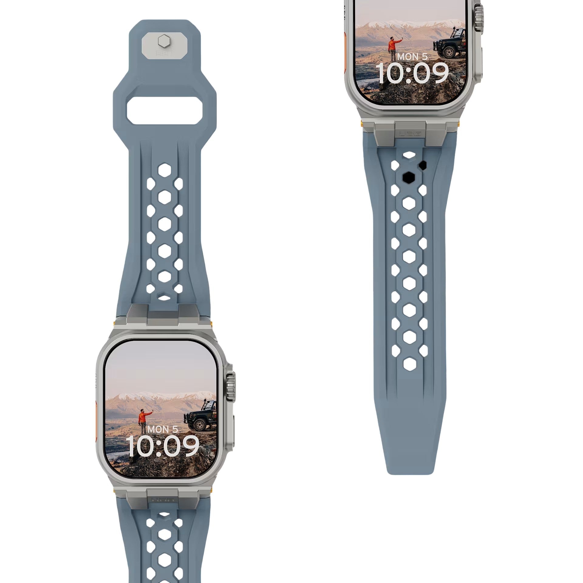 Bracelet Apple Watch silicone bleu gris perforé avec fermoir métal robuste, style outdoor.