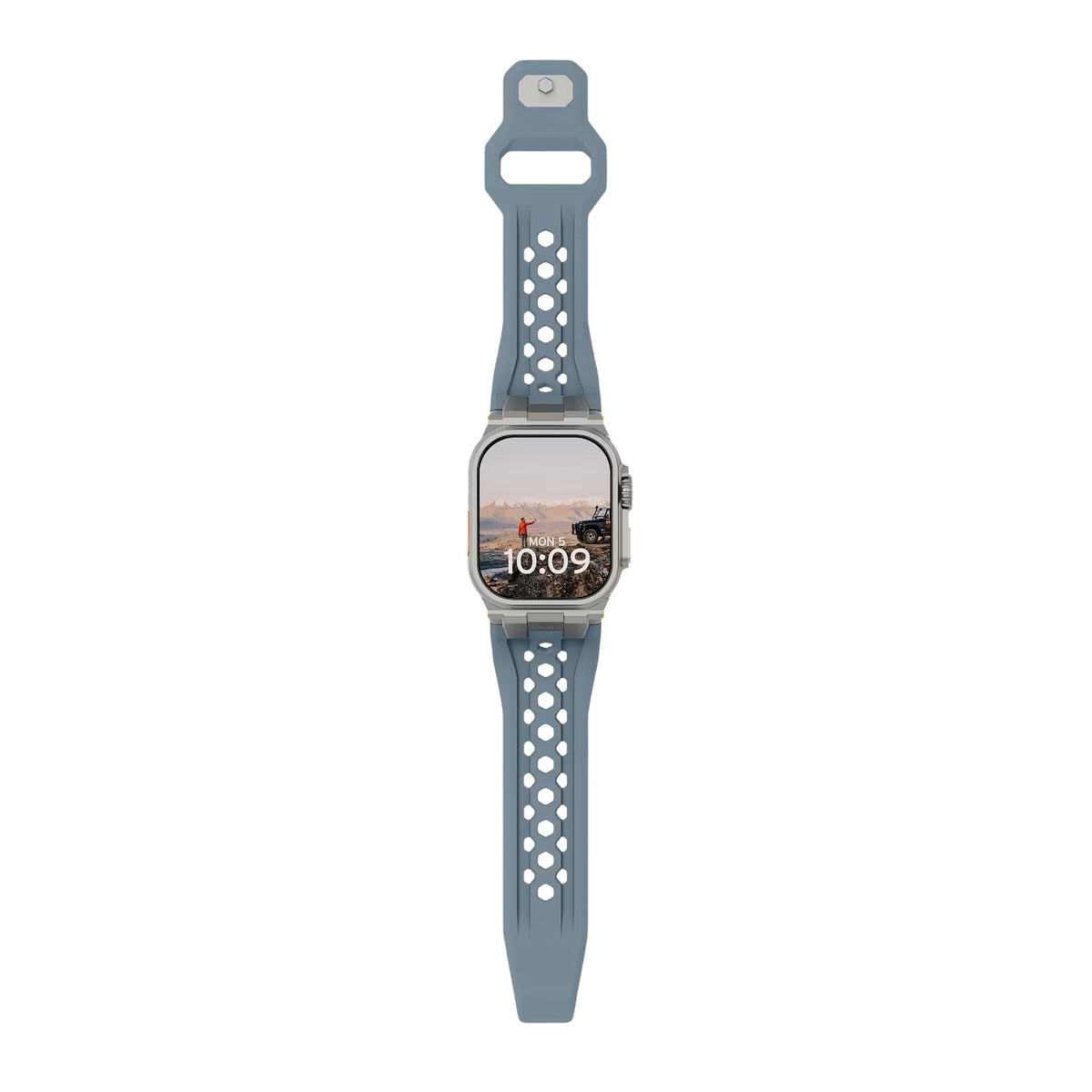 Bracelet Apple Watch silicone bleu gris avec trous d’aération et fermoir métal robuste.