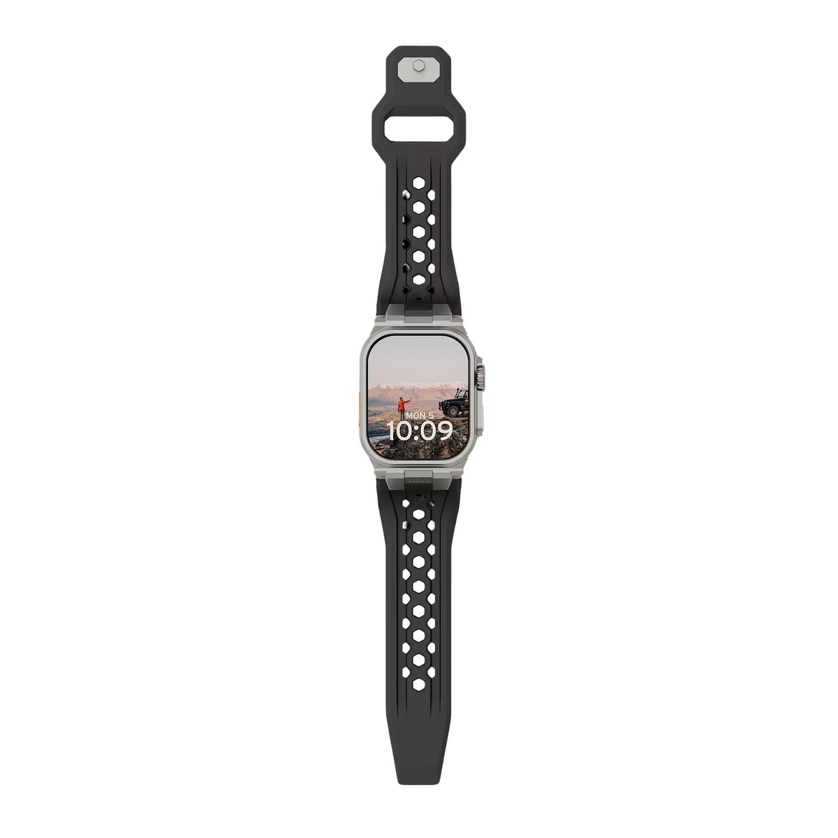 Bracelet silicone noir perforé pour Apple Watch avec fermoir métal argenté robuste, style outdoor.