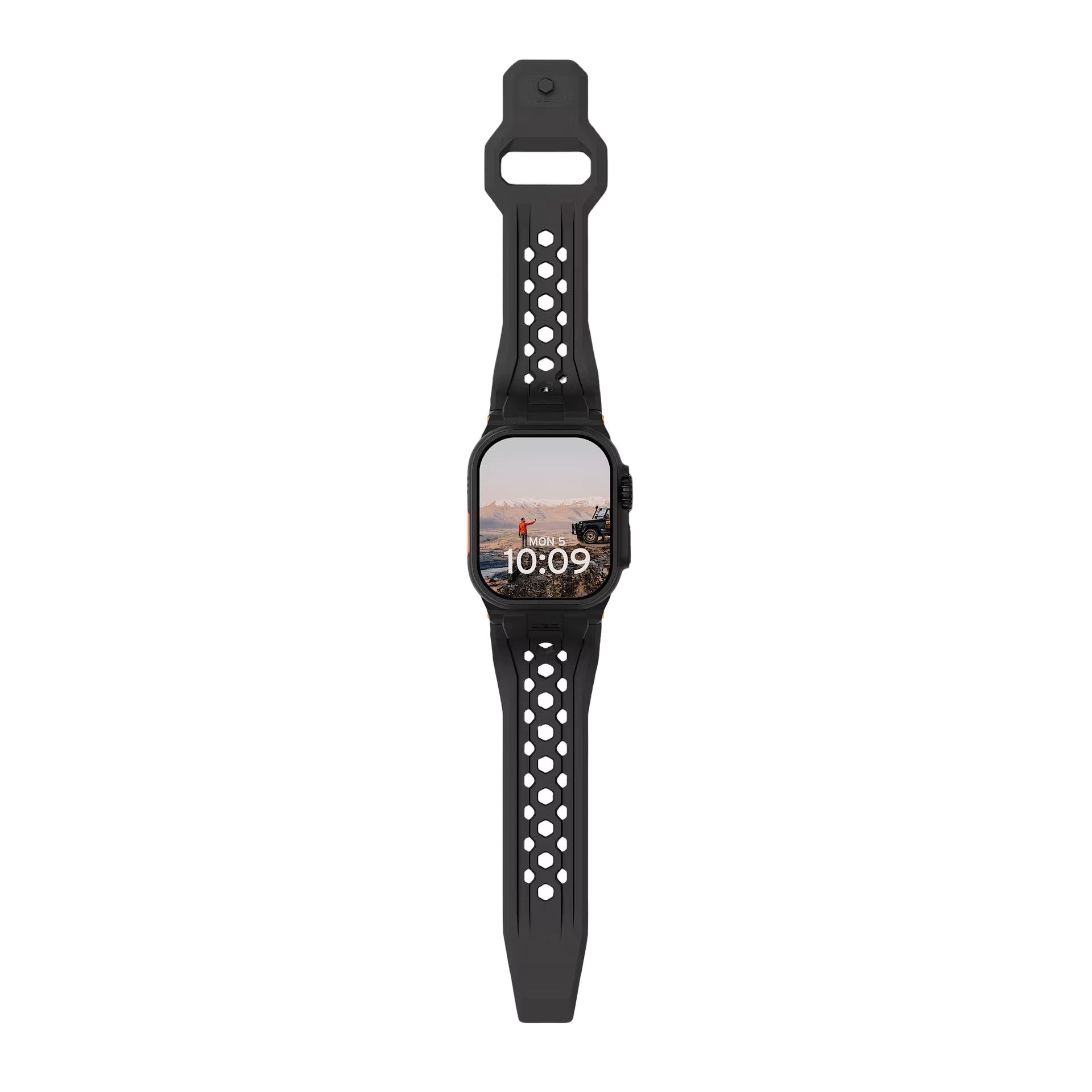 Bracelet noir en silicone perforé avec fermoir métal robuste, style outdoor pour Apple Watch.