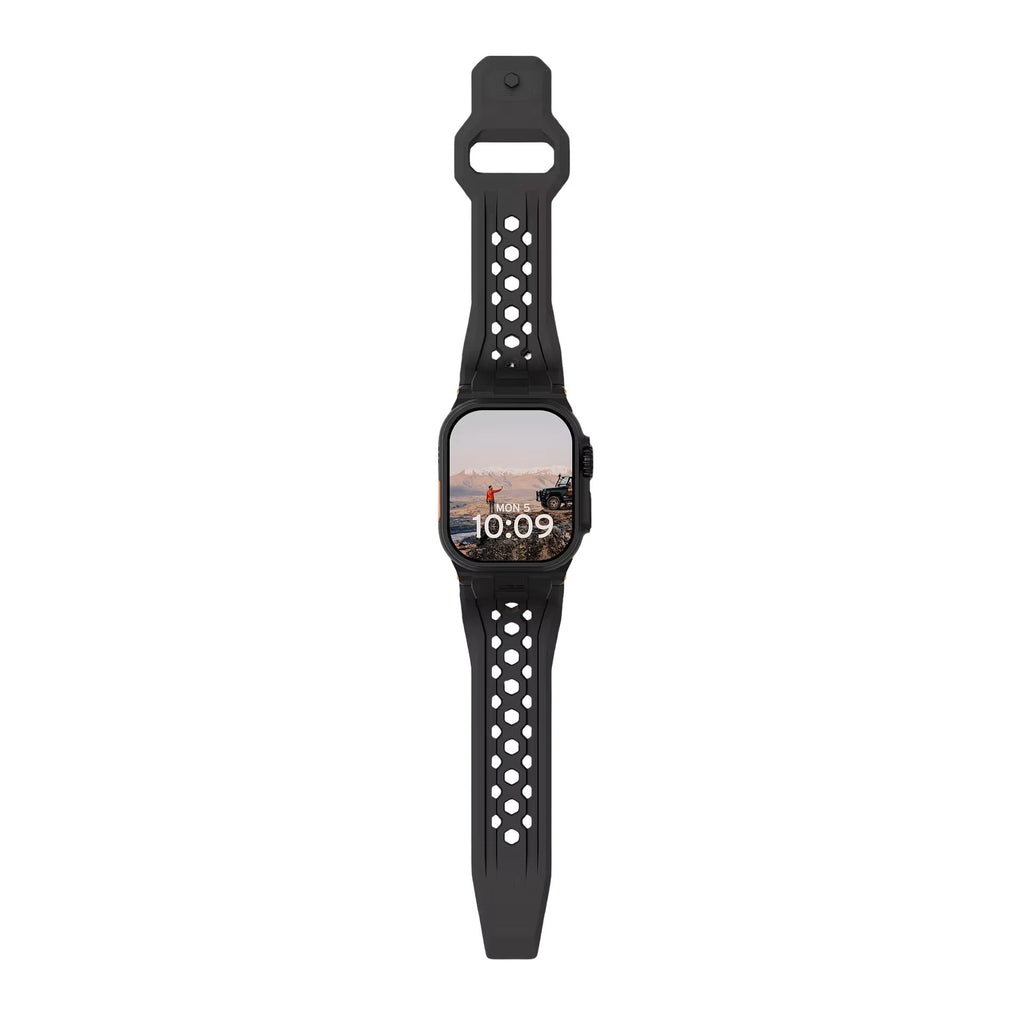 Bracelet noir en silicone perforé avec fermoir métal robuste, style outdoor pour Apple Watch.