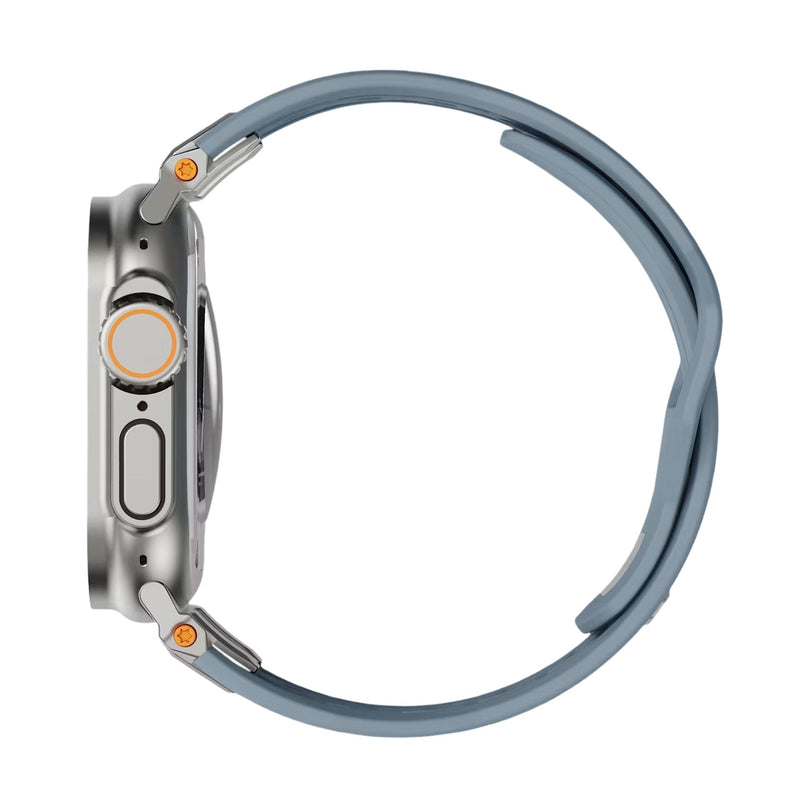 Bracelet silicone bleu gris robuste avec fermoir métal gris pour Apple Watch, style outdoor.