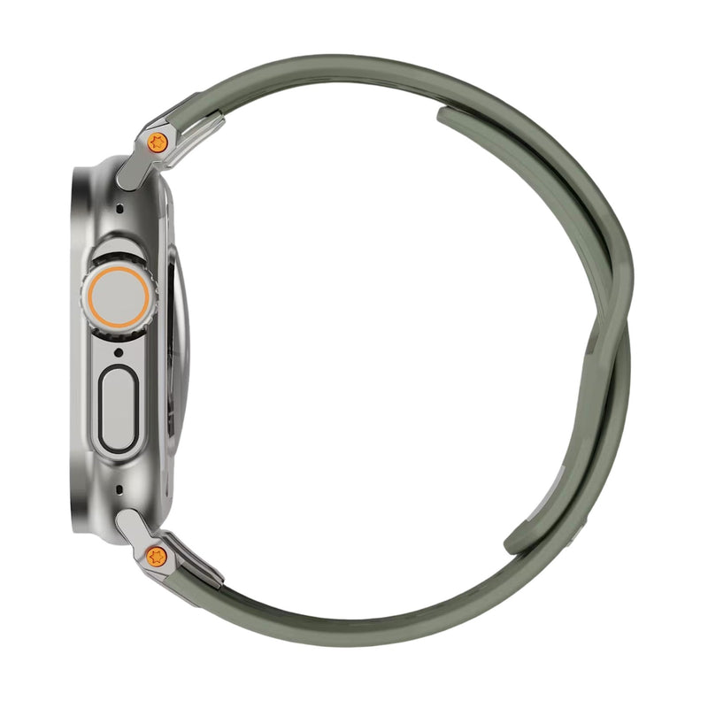 Bracelet vert olive en silicone souple avec fermoir métal pour Apple Watch, design robuste outdoor.
