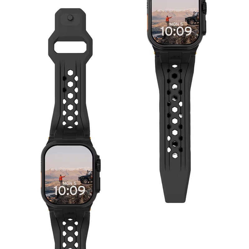 Bracelet noir en silicone perforé, design robuste avec fermoir métallique pour Apple Watch, style outdoor.