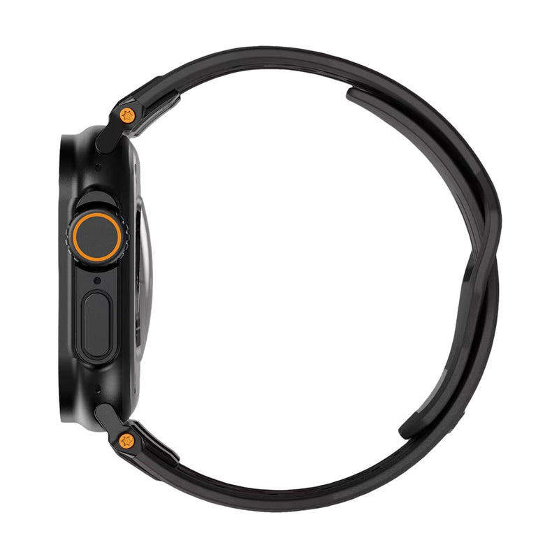 Bracelet silicone noir robuste avec fermoir métal, design épuré pour Apple Watch, détails orange sur la boucle.