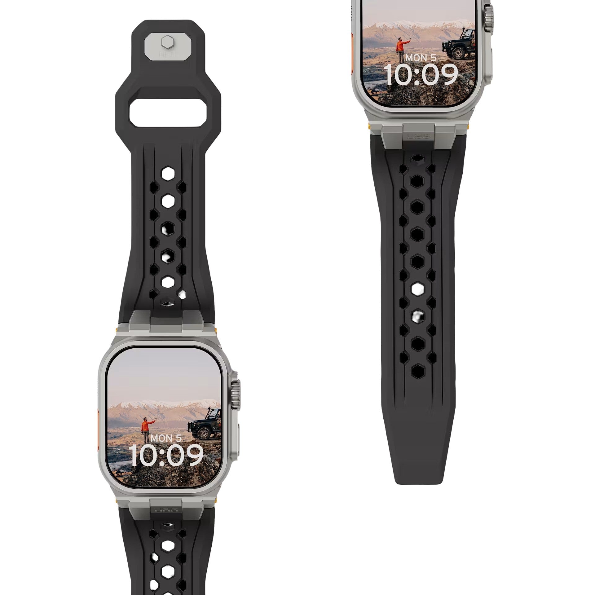 Bracelet Apple Watch en silicone noir avec perforations ovales et fermoir métal argenté robuste, style outdoor.