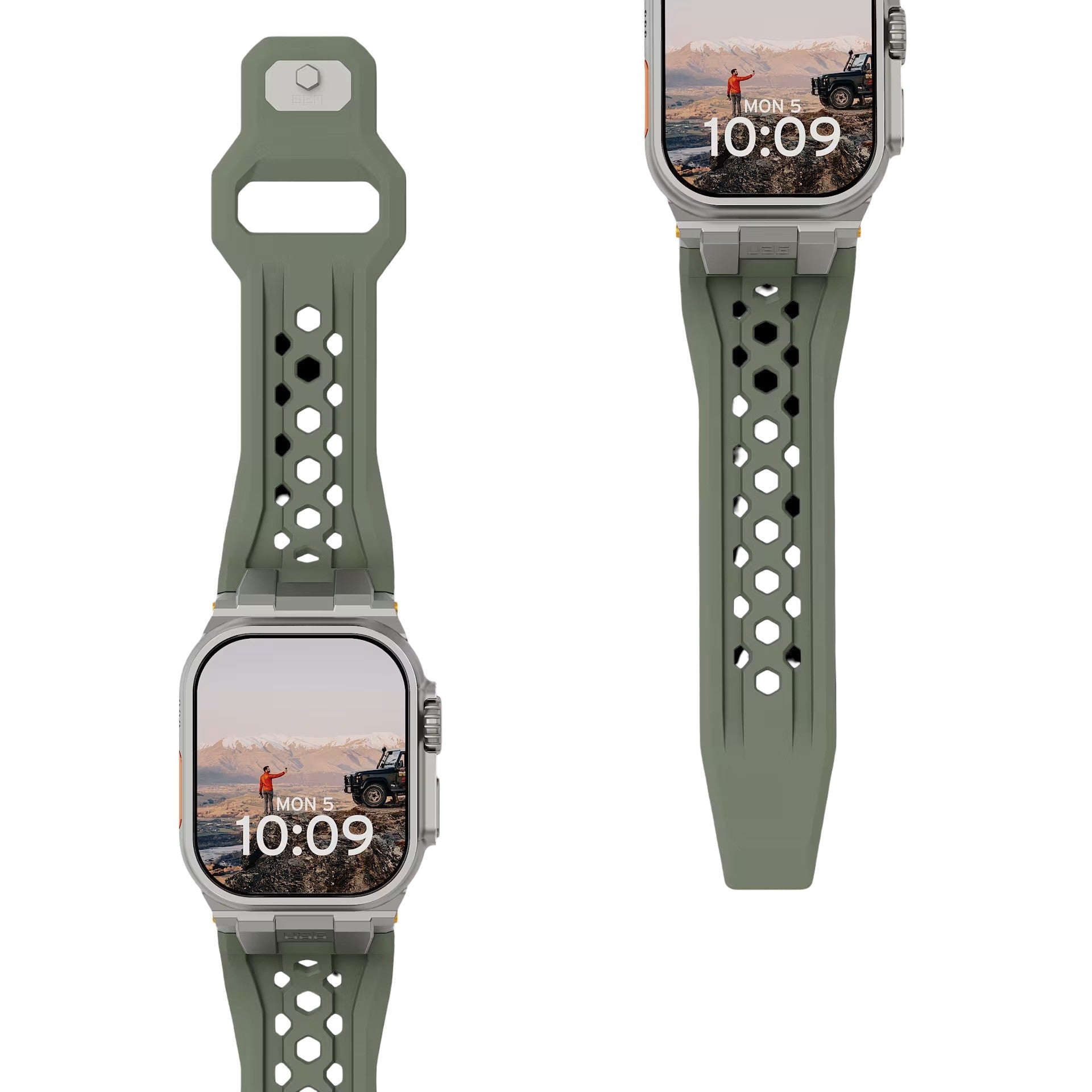 Bracelet silicone vert kaki perforé avec fermoir métal pour Apple Watch, design robuste outdoor.
