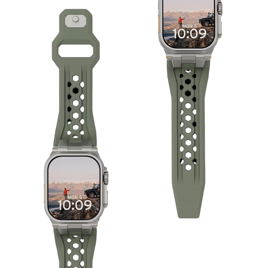 Bracelet silicone vert kaki perforé avec fermoir métal pour Apple Watch, design robuste outdoor.
