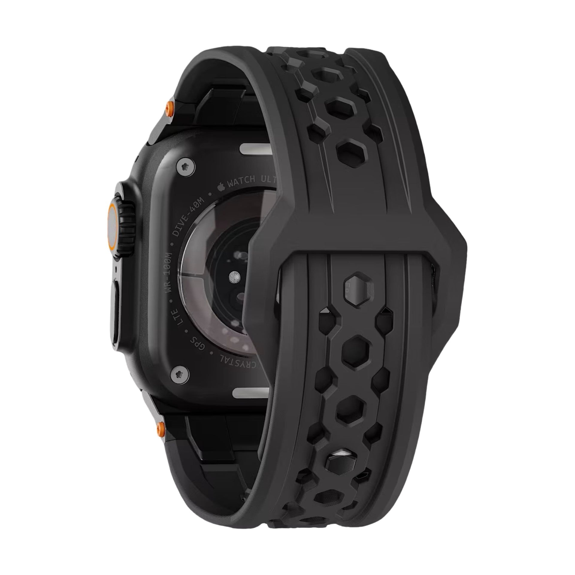 Bracelet Apple Watch noir en silicone robuste à perforations hexagonales avec fermoir métallique, design outdoor résistant à