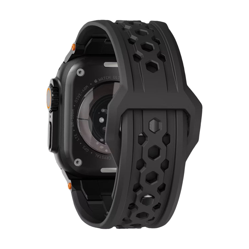 Bracelet Apple Watch noir en silicone robuste à perforations hexagonales avec fermoir métallique, design outdoor résistant à