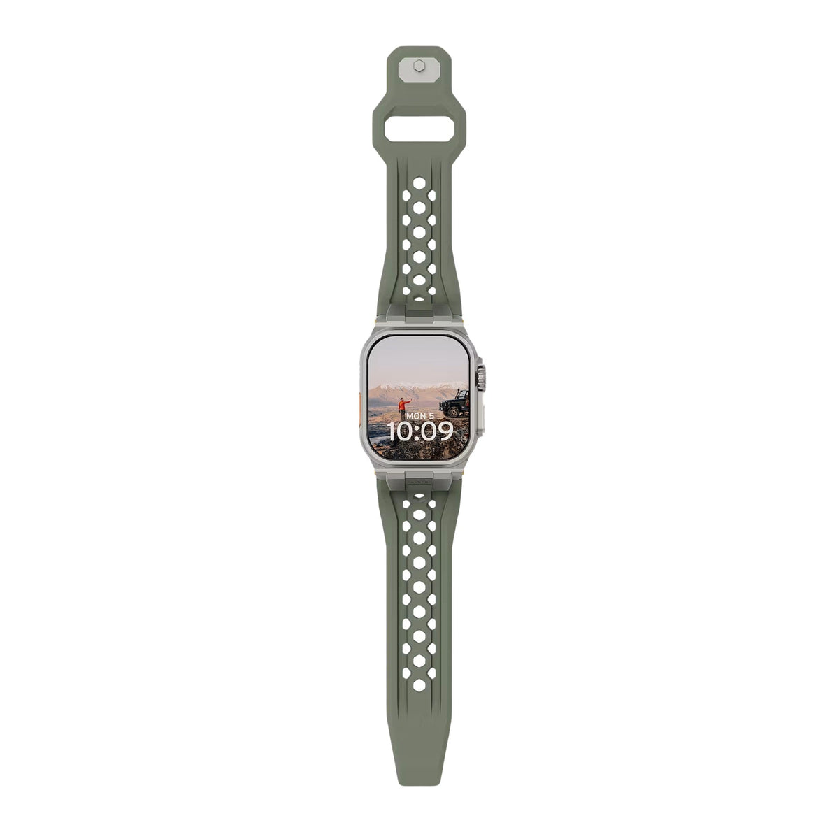 Bracelet silicone vert kaki perforé avec fermoir métal robuste pour Apple Watch, style outdoor, modèle Serdak.