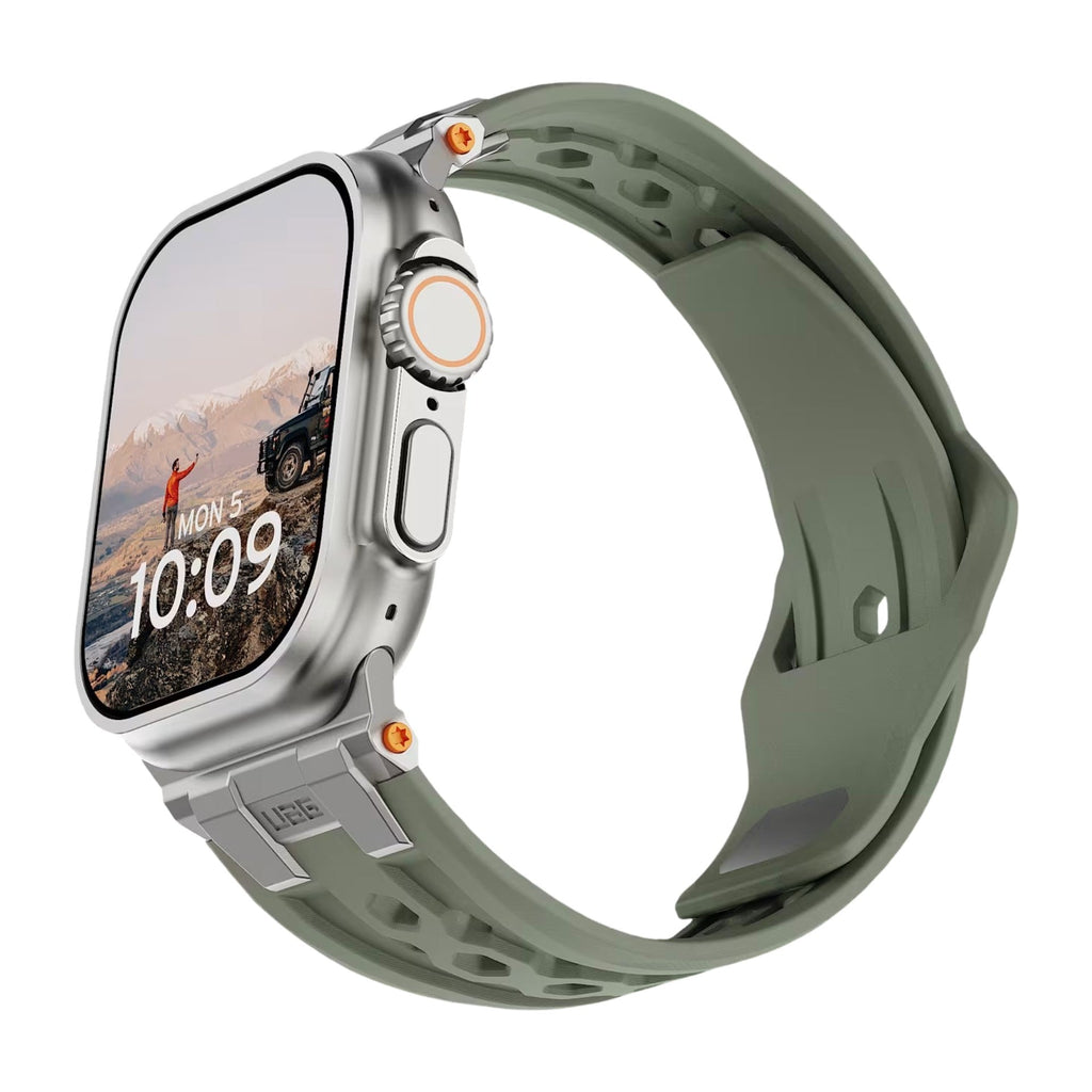 Bracelet silicone vert olive perforé pour Apple Watch avec fermoir métal robuste design outdoor.