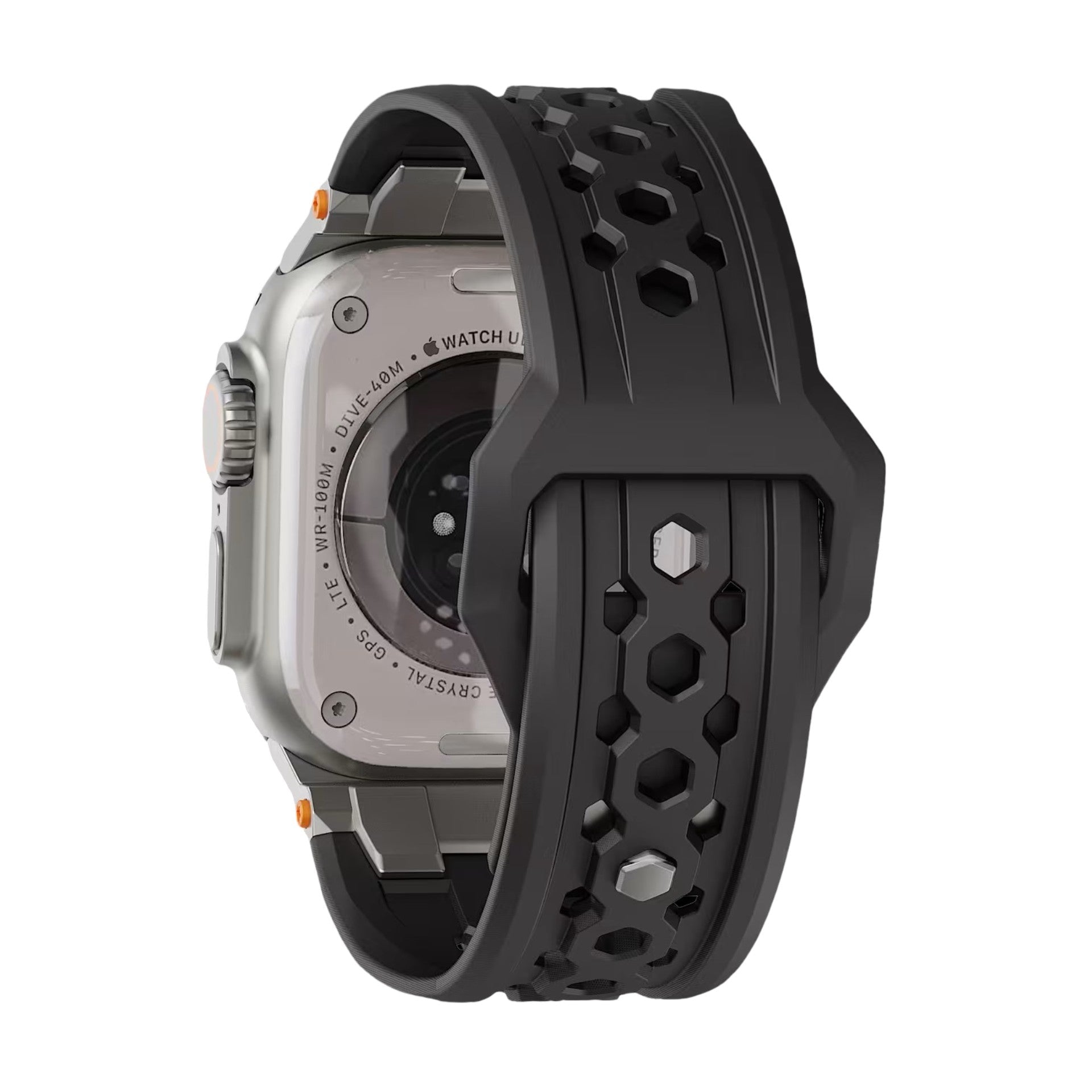 Bracelet en silicone noir robuste pour Apple Watch avec motifs hexagonaux ajourés et fermoir métal noir mat.