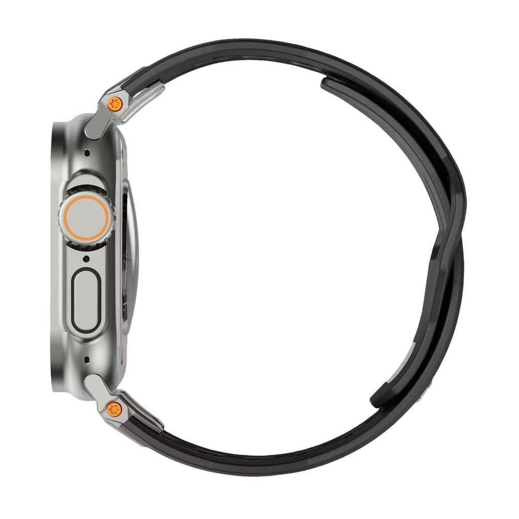 Bracelet en silicone noir robuste avec fermoir métal argenté pour Apple Watch, design outdoor.