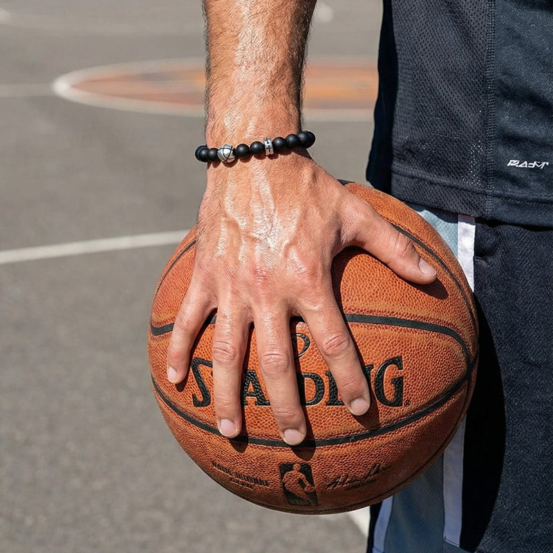 Black bead sports bracelet, adjustable cord bracelet with stainless steel football, basketball, baseball, and golf ball bead, Sporta model