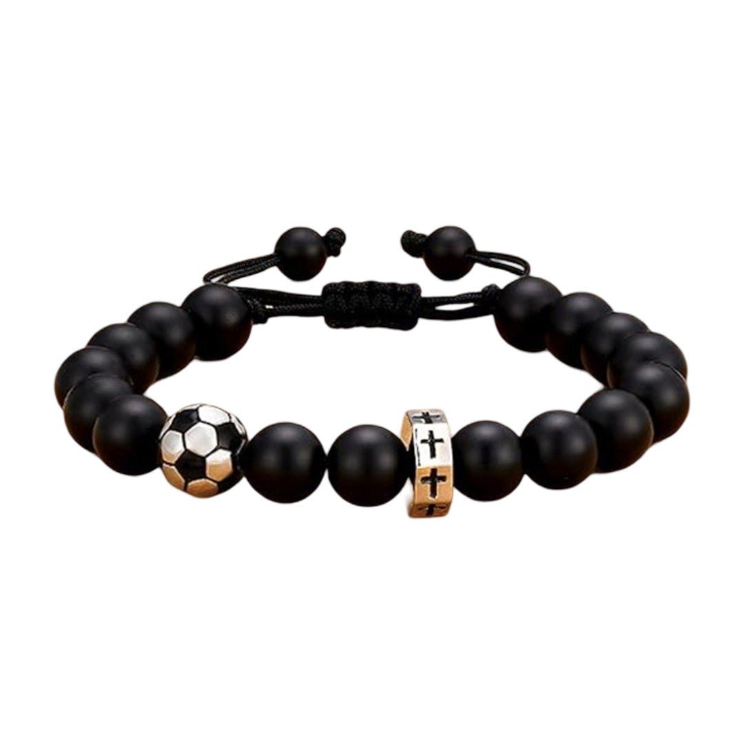 Bracciale sportivo con perle nere, bracciale con cordoncino regolabile e perla a forma di pallone da calcio, pallacanestro, baseball, golf in acciaio inossidabile, modello Sporta