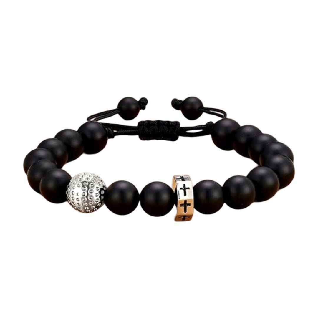 Black bead sports bracelet, adjustable cord bracelet with stainless steel football, basketball, baseball, and golf ball bead, Sporta model