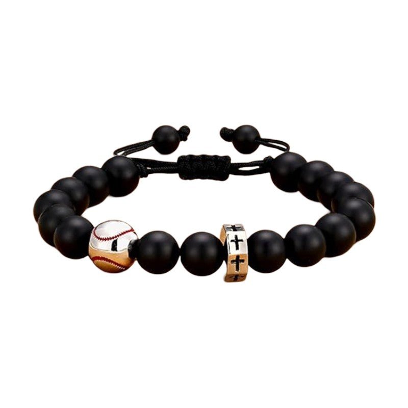 Black bead sports bracelet, adjustable cord bracelet with stainless steel football, basketball, baseball, and golf ball bead, Sporta model