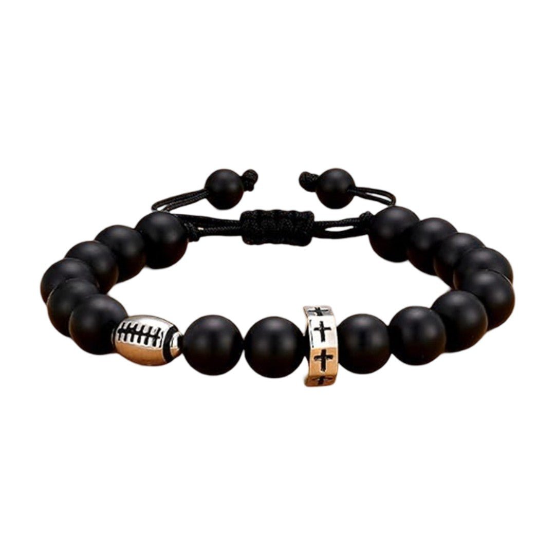 Bracciale sportivo con perle nere, bracciale con cordoncino regolabile e perla a forma di pallone da calcio, pallacanestro, baseball, golf in acciaio inossidabile, modello Sporta