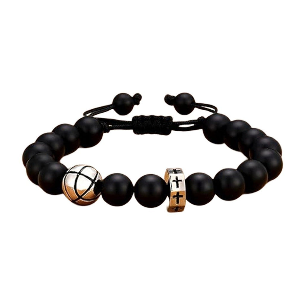 Black bead sports bracelet, adjustable cord bracelet with stainless steel football, basketball, baseball, and golf ball bead, Sporta model