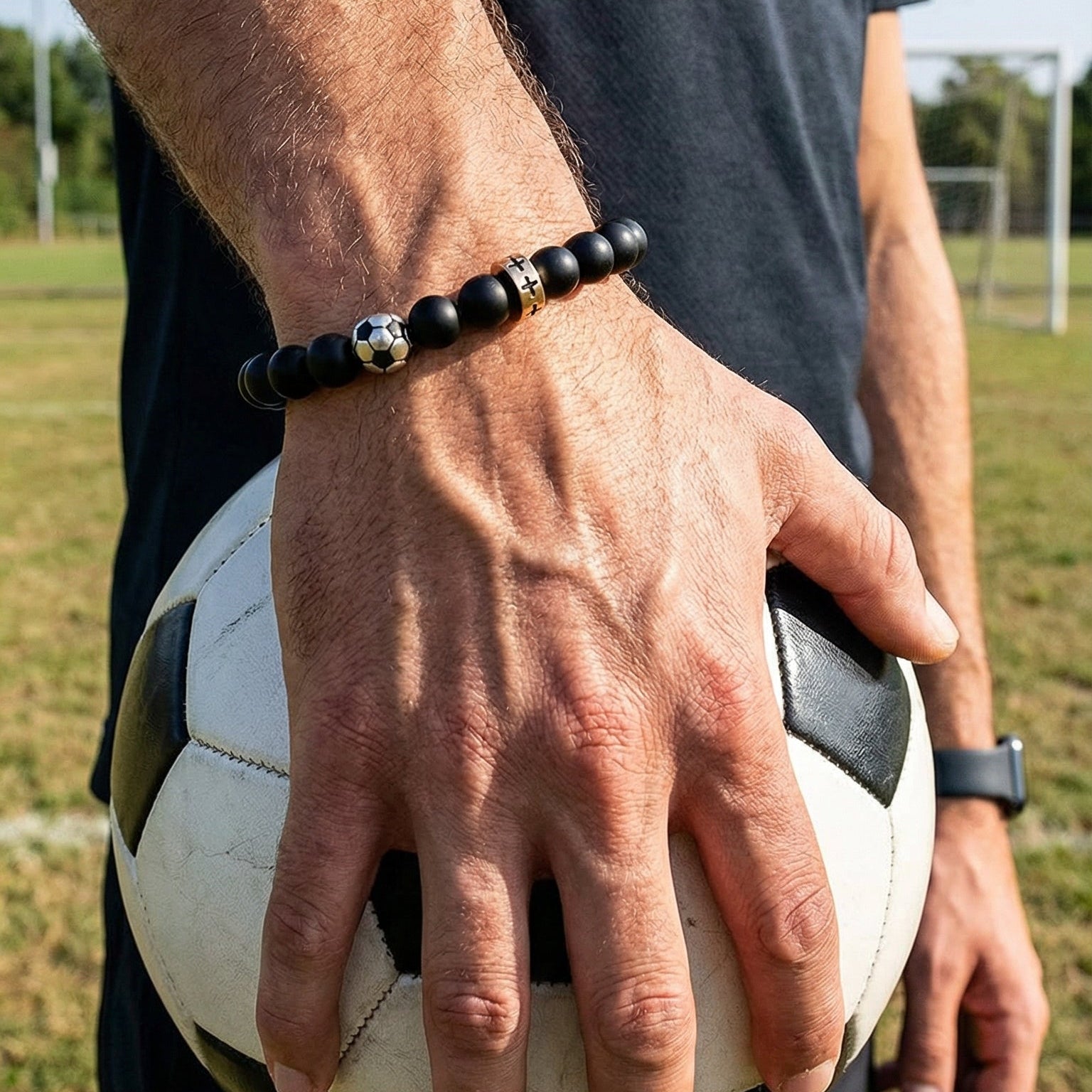 Black bead sports bracelet, adjustable cord bracelet with stainless steel football, basketball, baseball, and golf ball bead, Sporta model