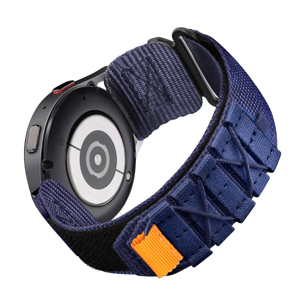 Bracelet sport en nylon bleu marine avec fermoir velcro et boucle noire pour montre connectée Samsung Galaxy Watch.