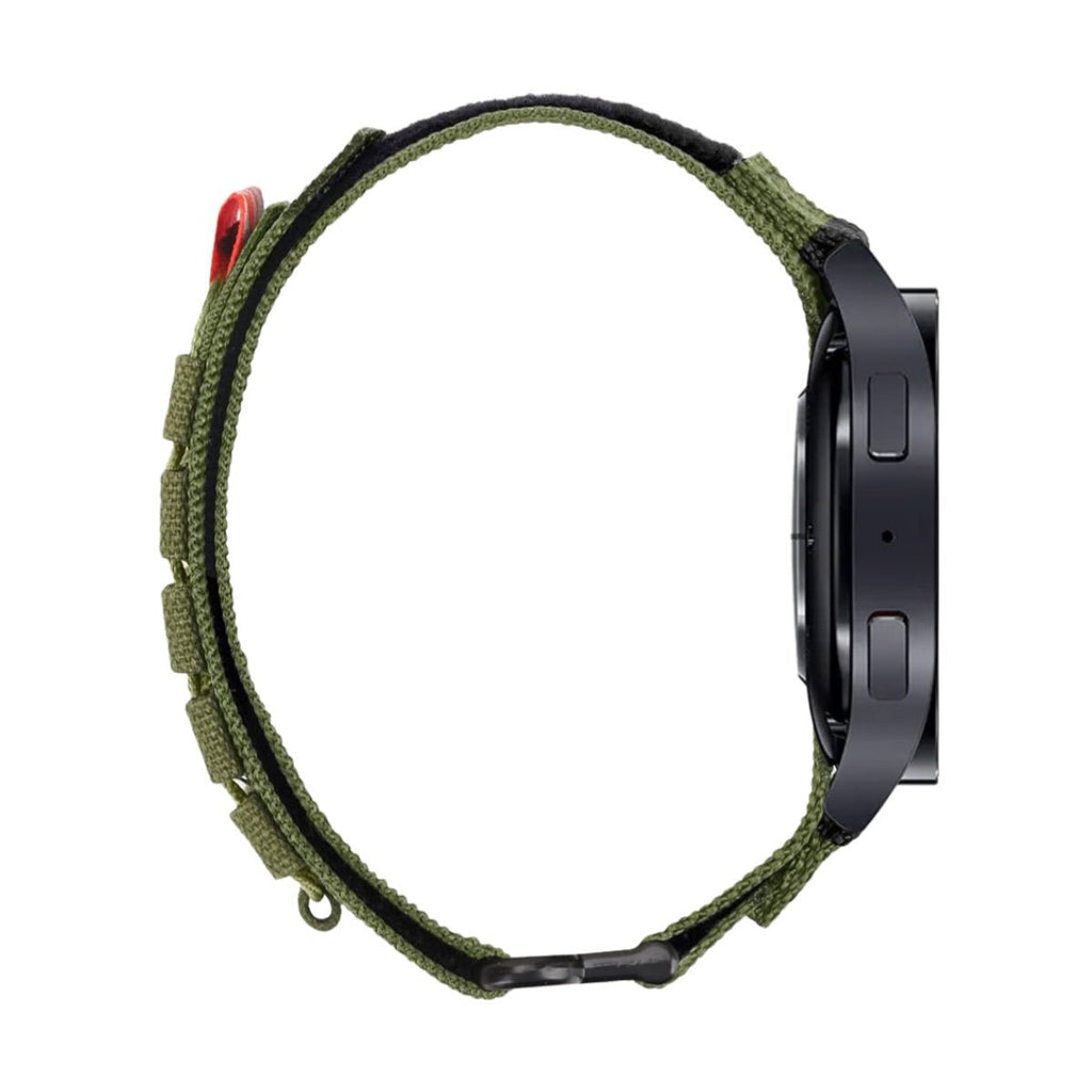 Bracelet sport en nylon vert olive avec fermoir velcro pour montre Samsung Galaxy Watch noir.