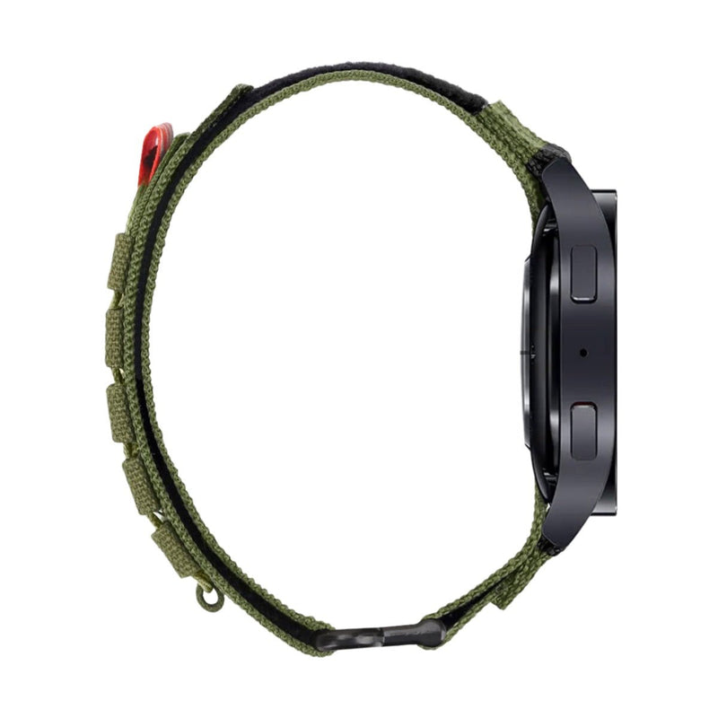 Bracelet sport en nylon vert olive avec fermoir velcro pour montre Samsung Galaxy Watch noir.