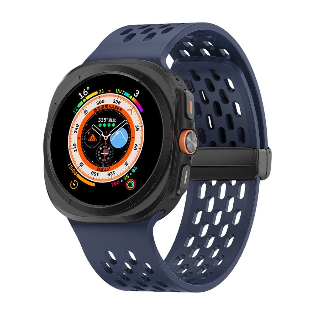 Bracelet sport silicone bleu marine perforé avec fermeture magnétique pour Galaxy Watch Ultra.