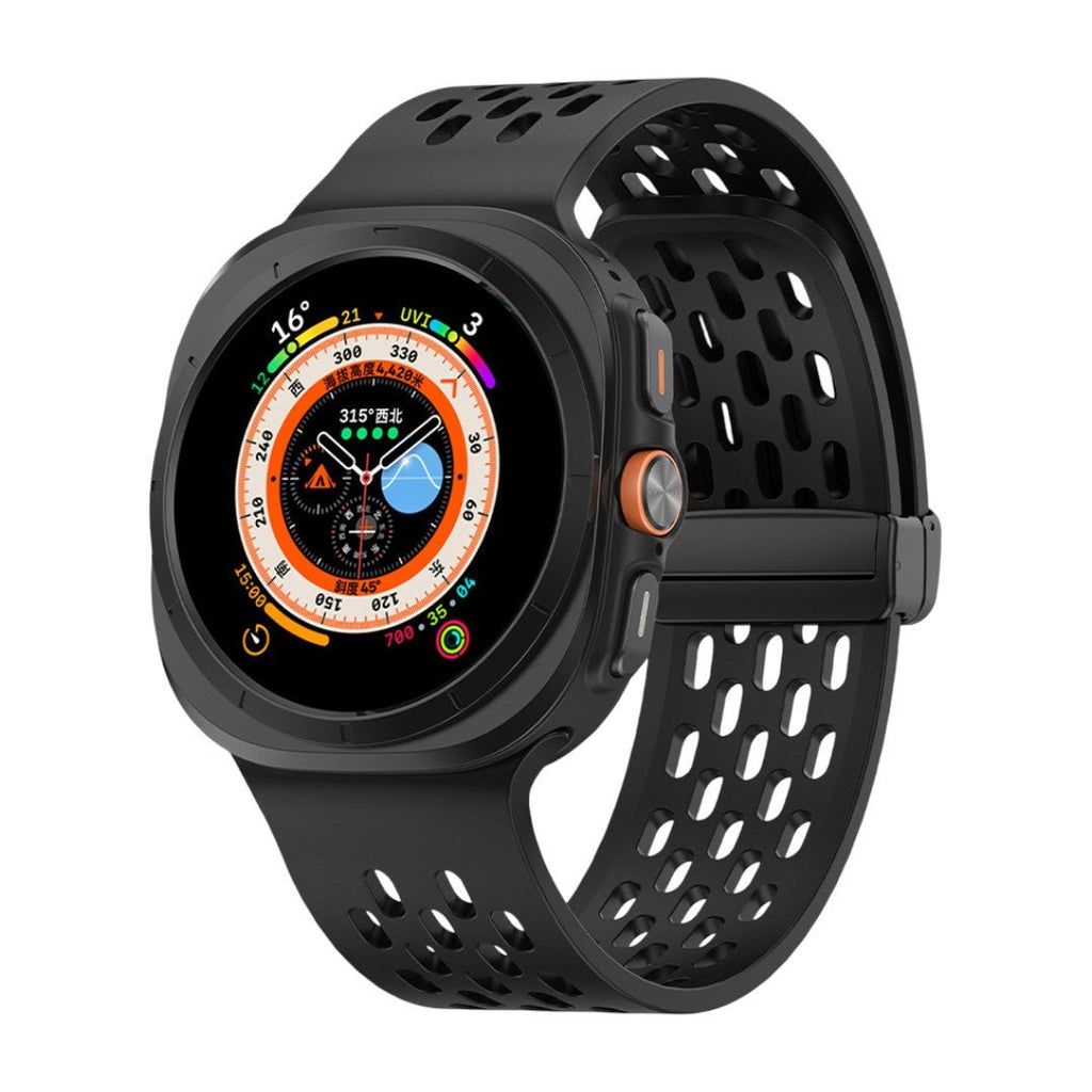 Bracelet sport noir en silicone perforé, système aimanté, conçu pour Galaxy Watch Ultra, style moderne et respirant.