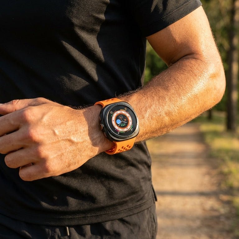 Bracelet sport en silicone orange perforé avec fermoir magnétique pour Galaxy Watch Ultra, design respirant et ajusté.
